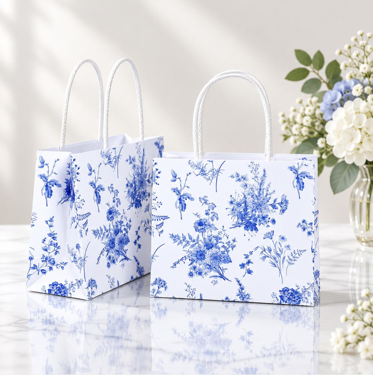 Floral Paper Gift Bags with Handles – Blue Toile, Greenery & Butterfly Favor Bags