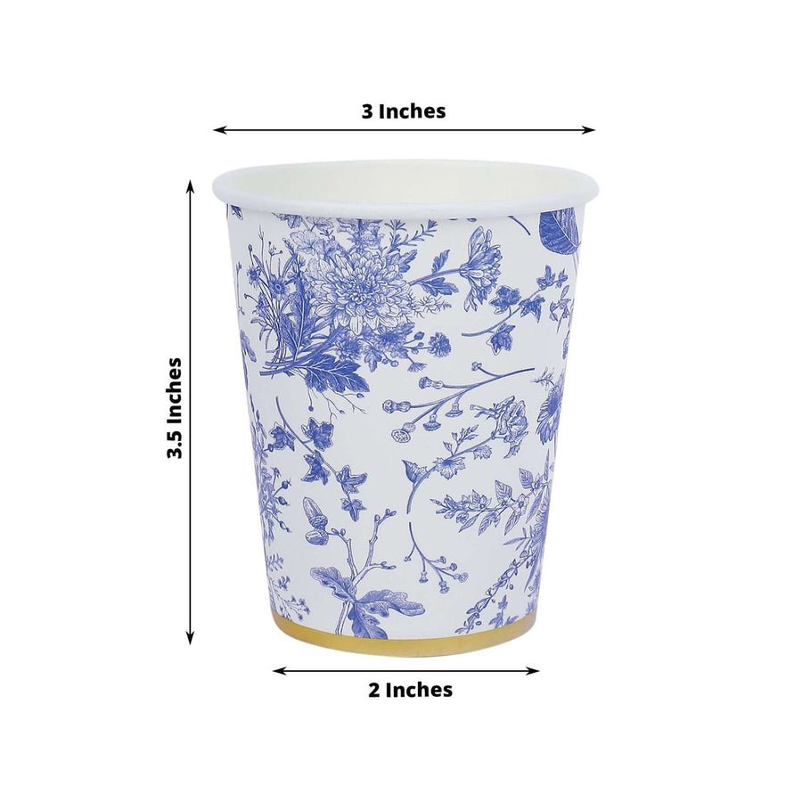 Blue floral paper cup with gold rim – 3.5 inch party cup for weddings and showers