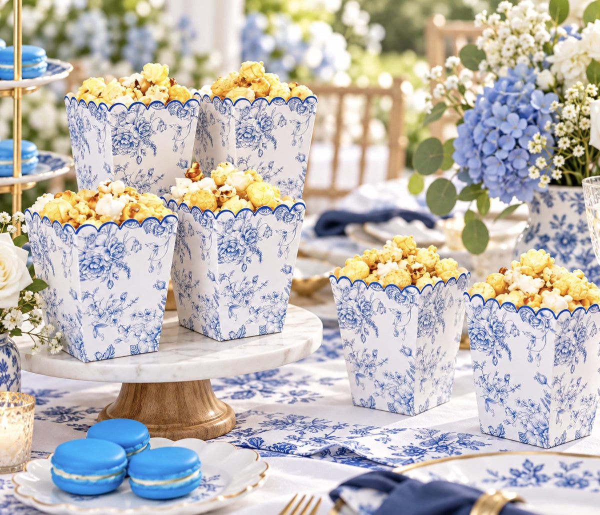 Floral Toile Scalloped Popcorn Cups – Mini Popcorn Boxes for Showers, Weddings & Tea Parties