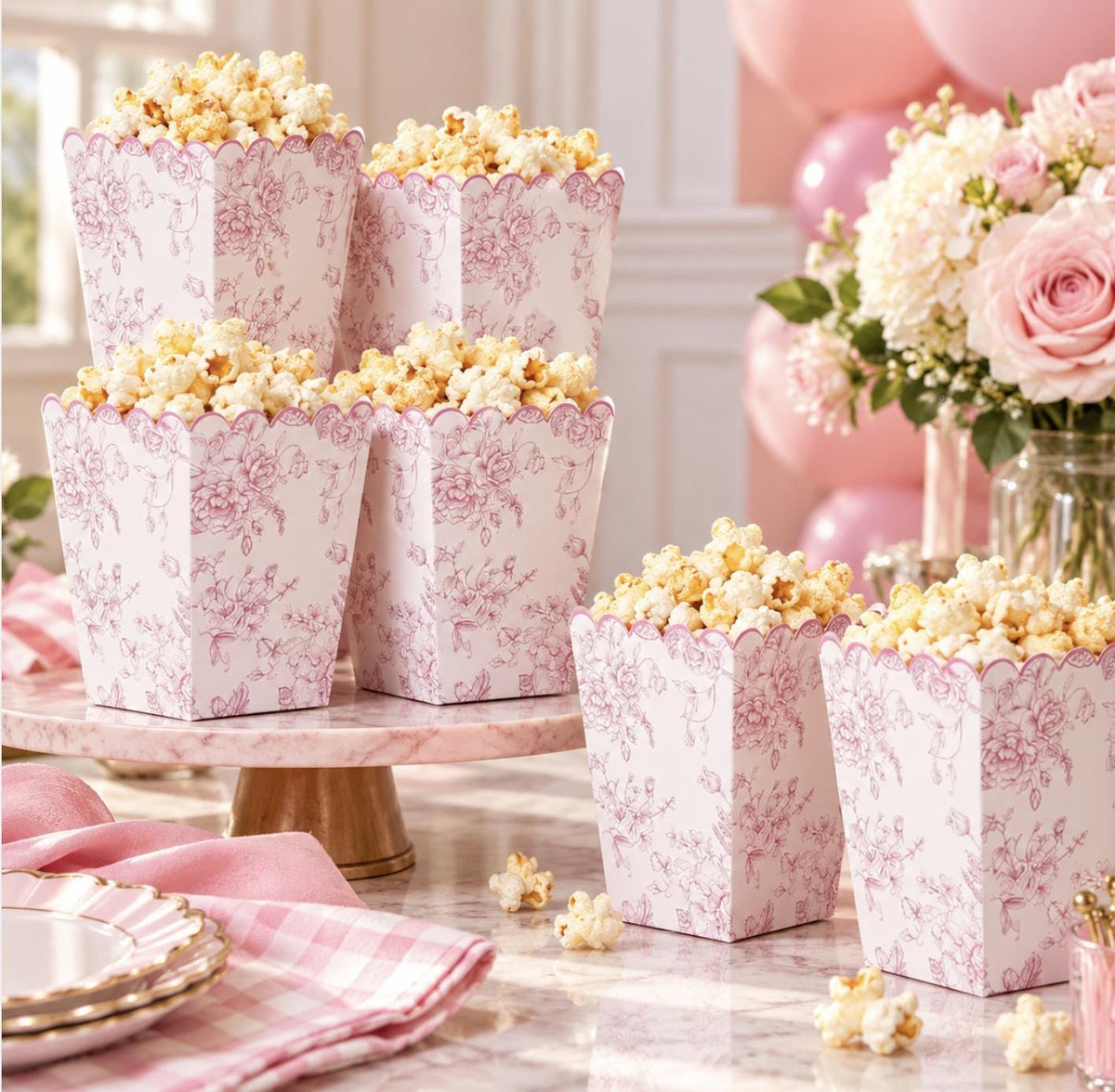 Floral Toile Scalloped Popcorn Cups – Mini Popcorn Boxes for Showers, Weddings & Tea Parties