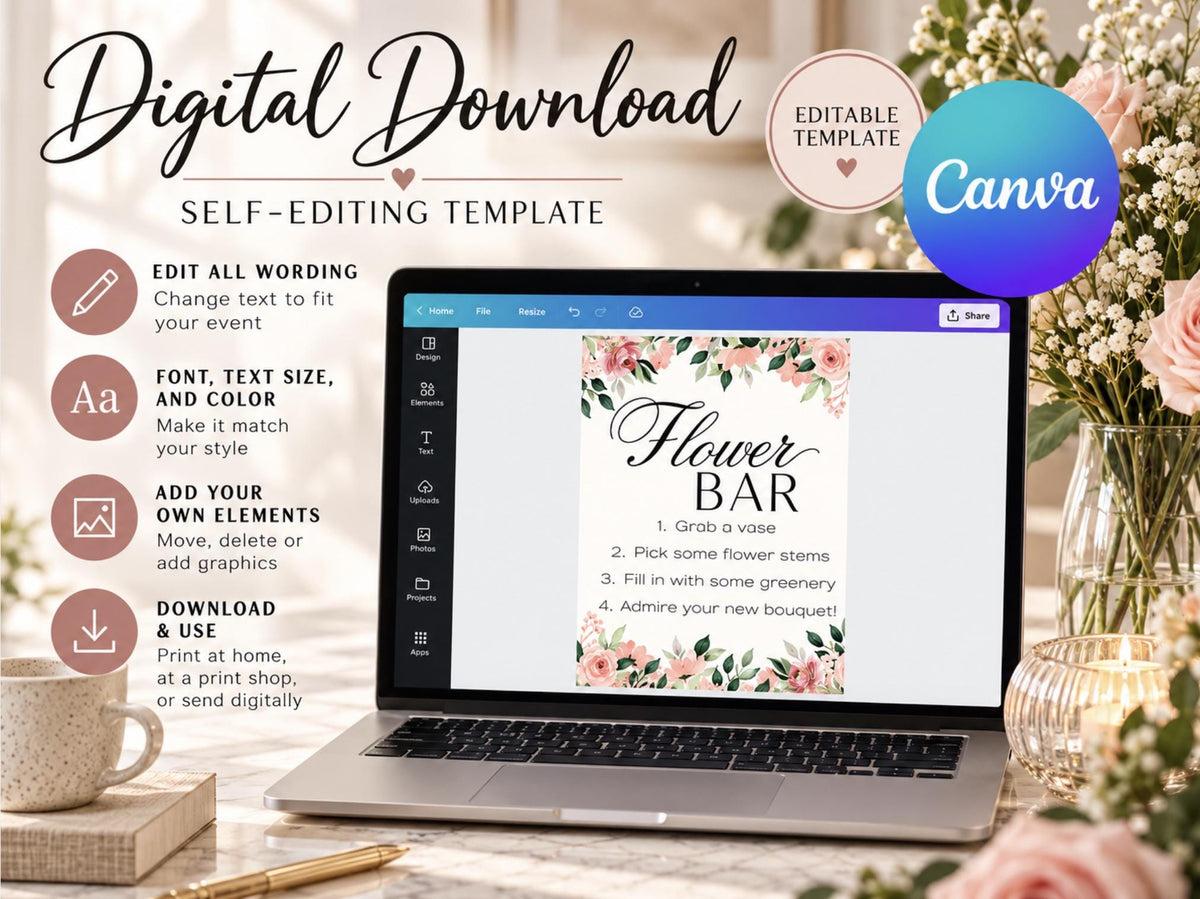 Flower Bar Sign – Floral Bouquet Bar Sign for Bridal & Baby Showers, Editable Printable