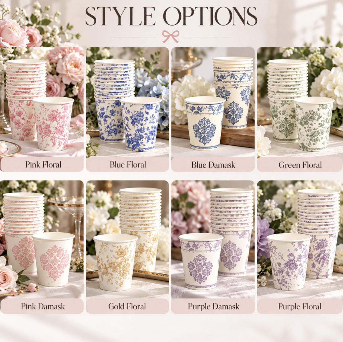 Blue floral paper cups – elegant disposable drinkware for weddings and tea parties