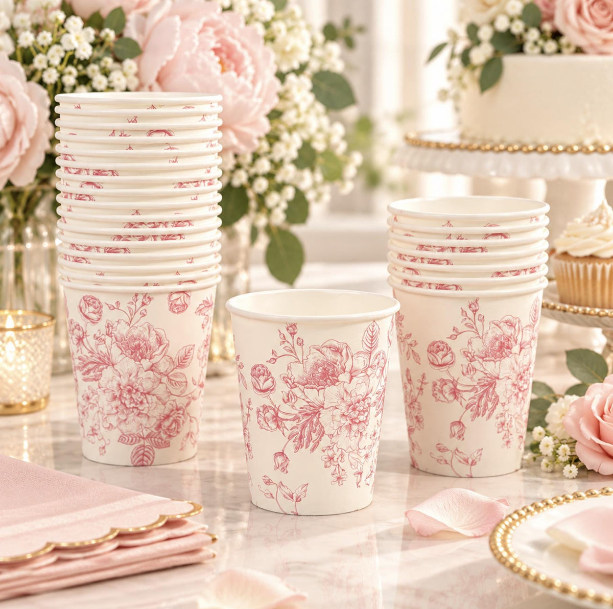 Navy blue floral paper cups – elegant disposable drinkware for classic wedding décor