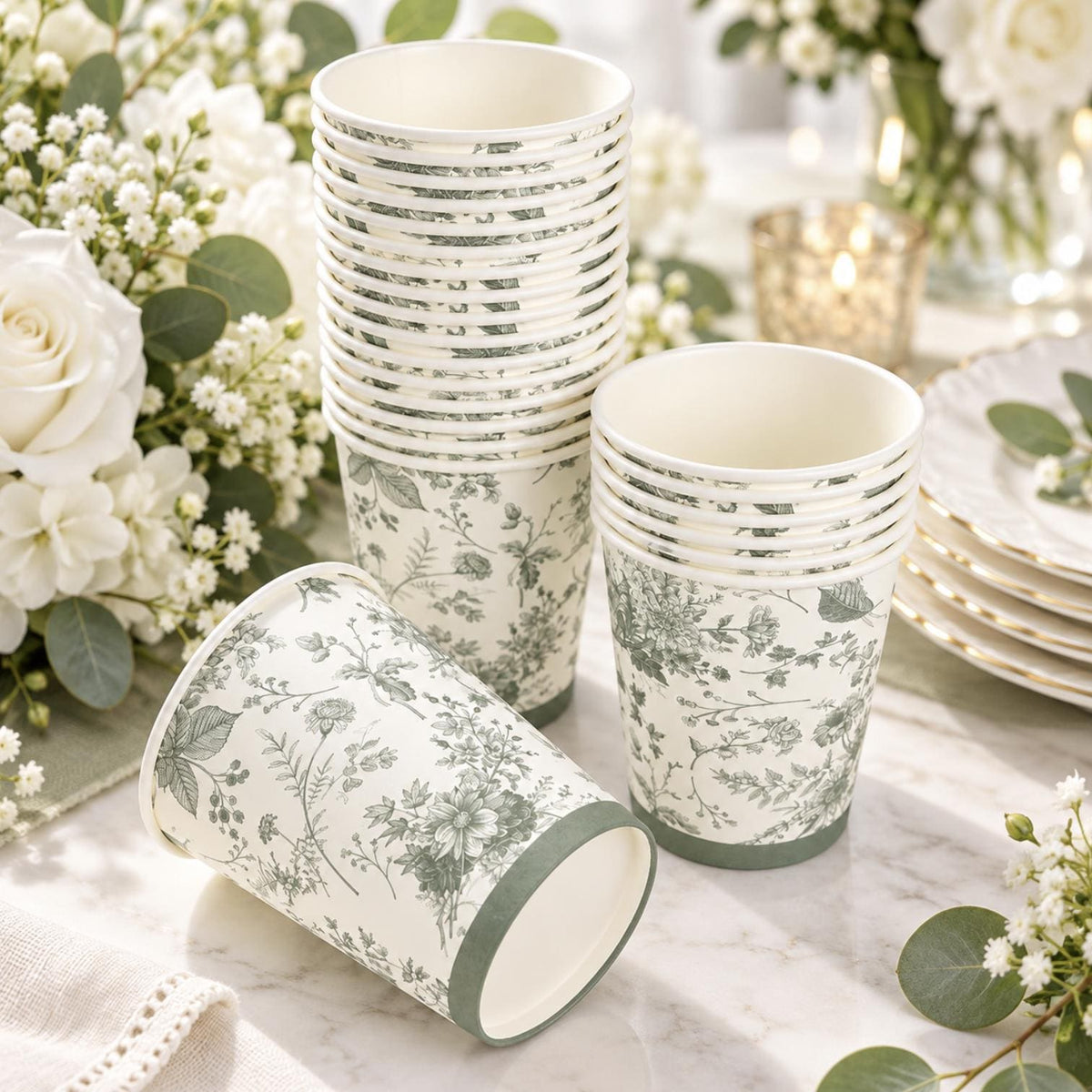 Gold floral paper cups – premium disposable drinkware for weddings and celebrations