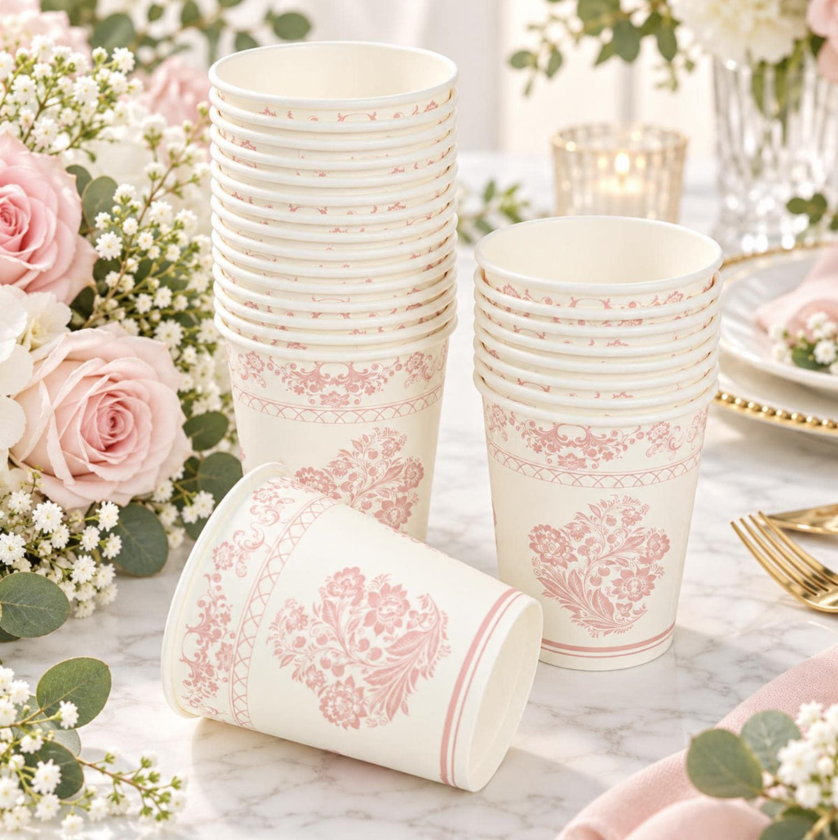 Purple floral paper cups – classy disposable drinkware for weddings and special events