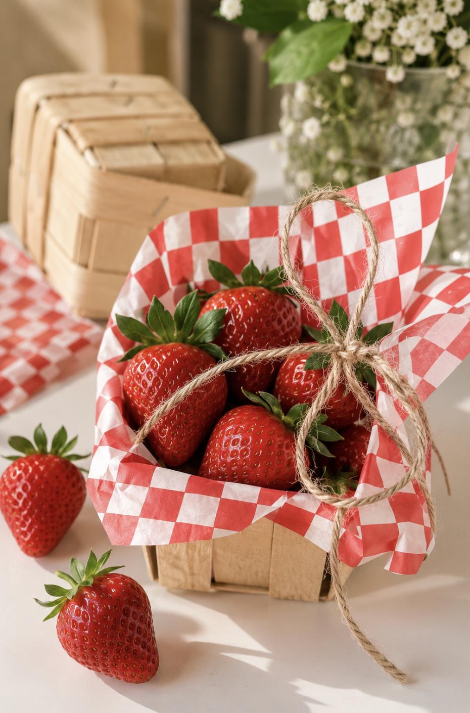 Fruit Berry Basket Favor Boxes with Printed Wax Paper – Farmers Market Picnic Favors for Weddings & Showers