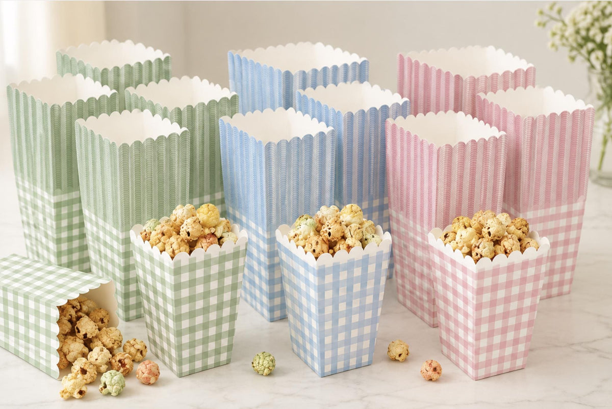 Gingham Scalloped Popcorn Cups – Blue, Green & Pink Mini Popcorn Boxes for Parties & Showers