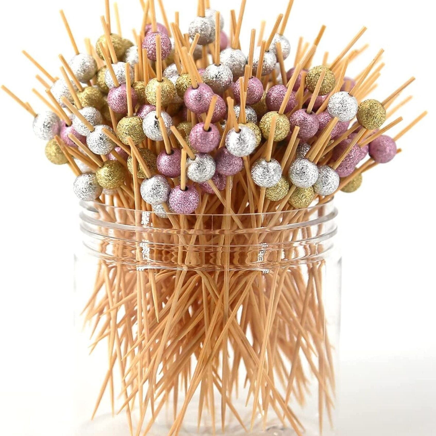 Glitter ball fancy toothpicks for appetizers and cocktails, sparkling party picks