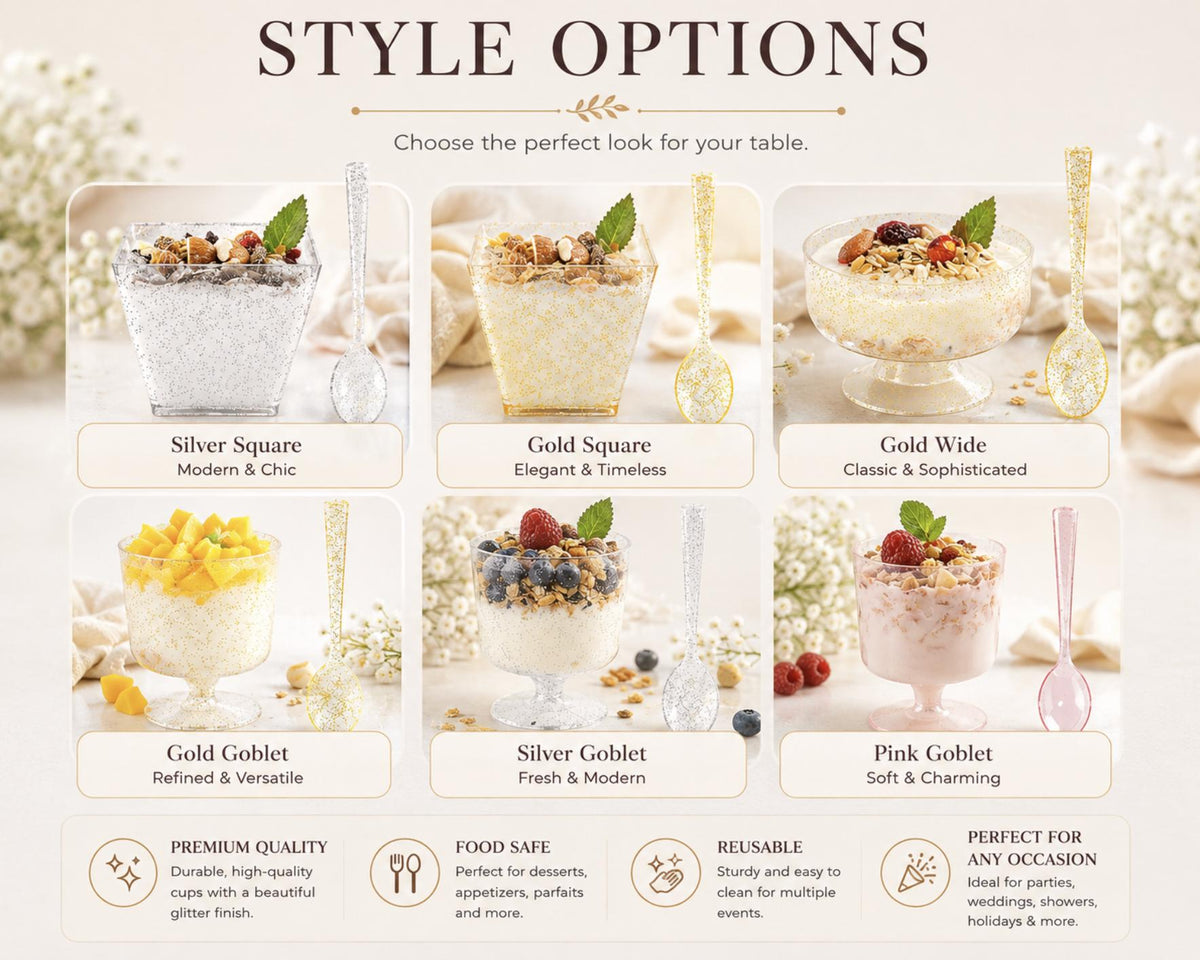Glitter Dessert Parfait Cups with Mini Spoons – Gold & Silver Mini Dessert Cups