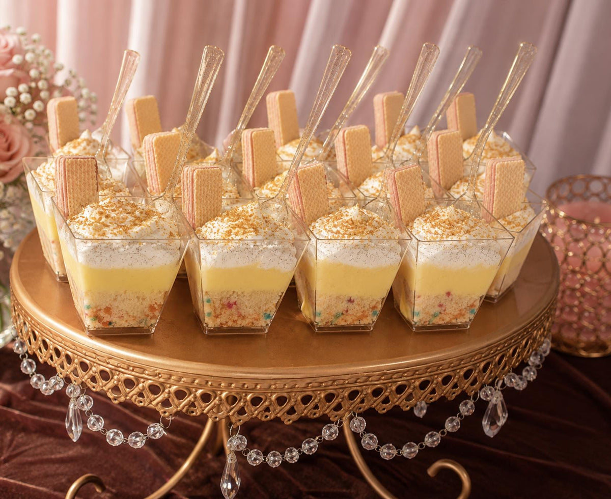 Glitter Dessert Parfait Cups with Mini Spoons – Gold & Silver Mini Dessert Cups