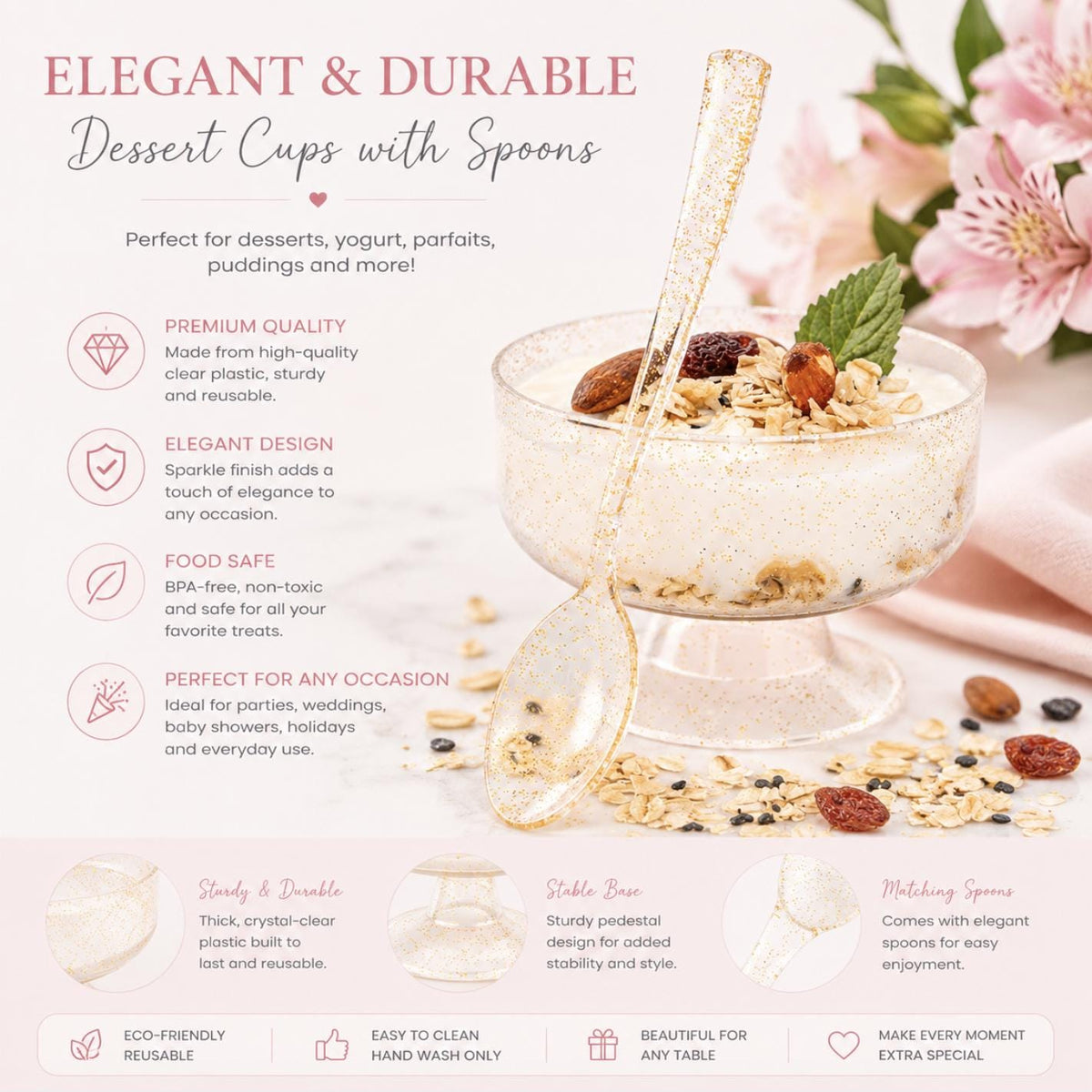 Glitter Dessert Parfait Cups with Mini Spoons – Gold & Silver Mini Dessert Cups
