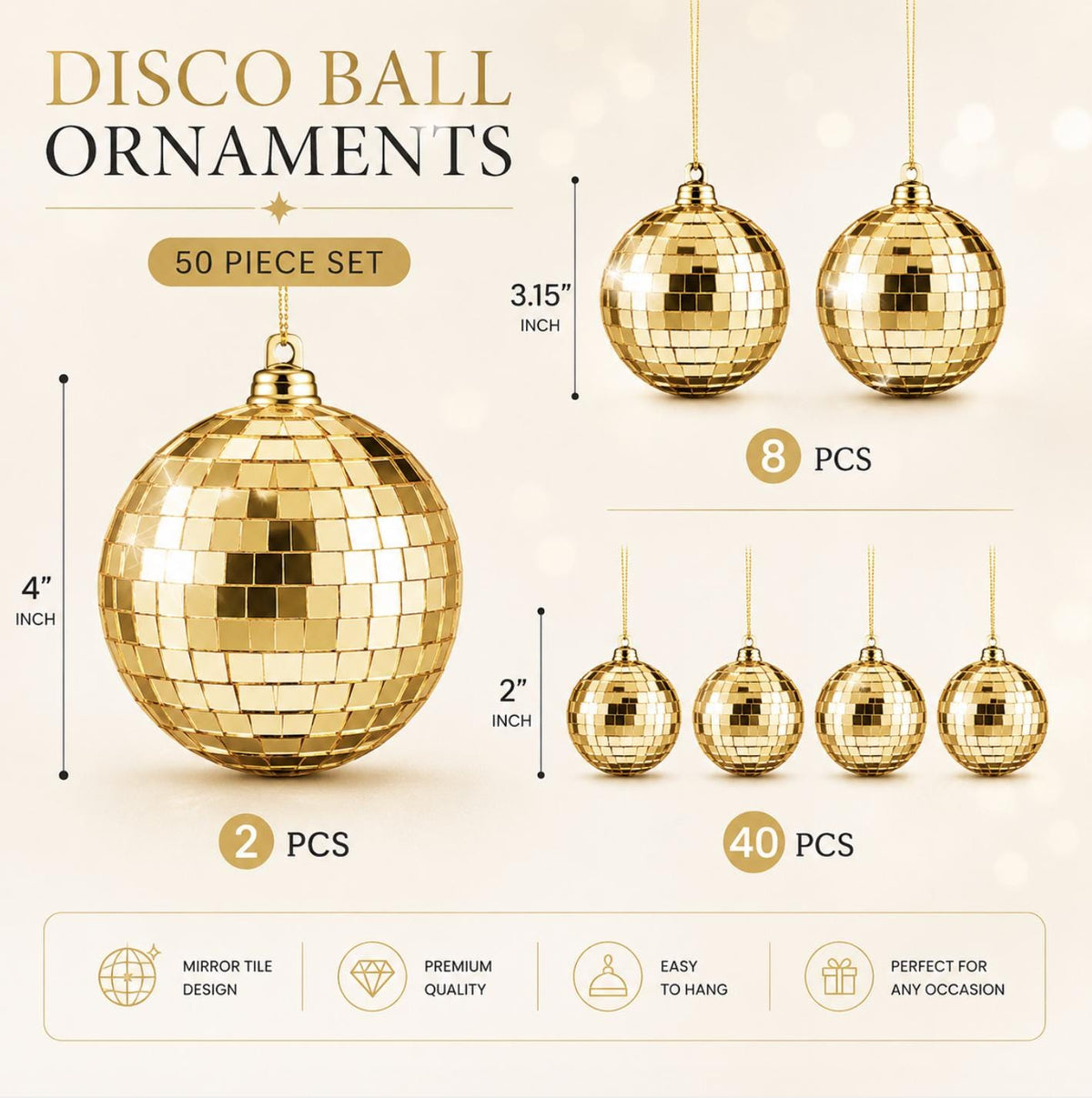 Gold Mirror Disco Ball Set – Assorted Disco Ornaments for Bachelorette & Disco Parties