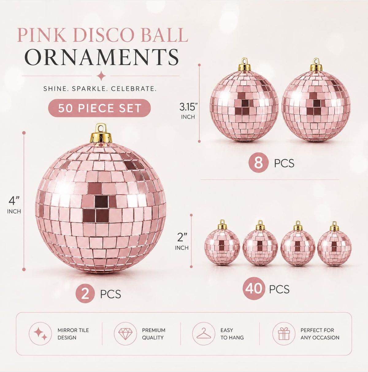 Gold Mirror Disco Ball Set – Assorted Disco Ornaments for Bachelorette & Disco Parties