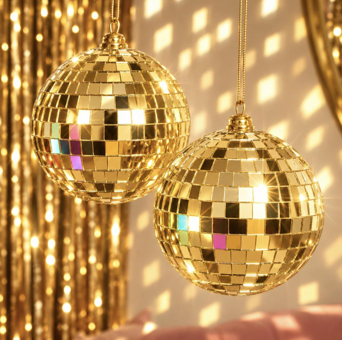Gold Mirror Disco Balls with Hanging String – Assorted Sizes for Last Disco & Bachelorette Parties