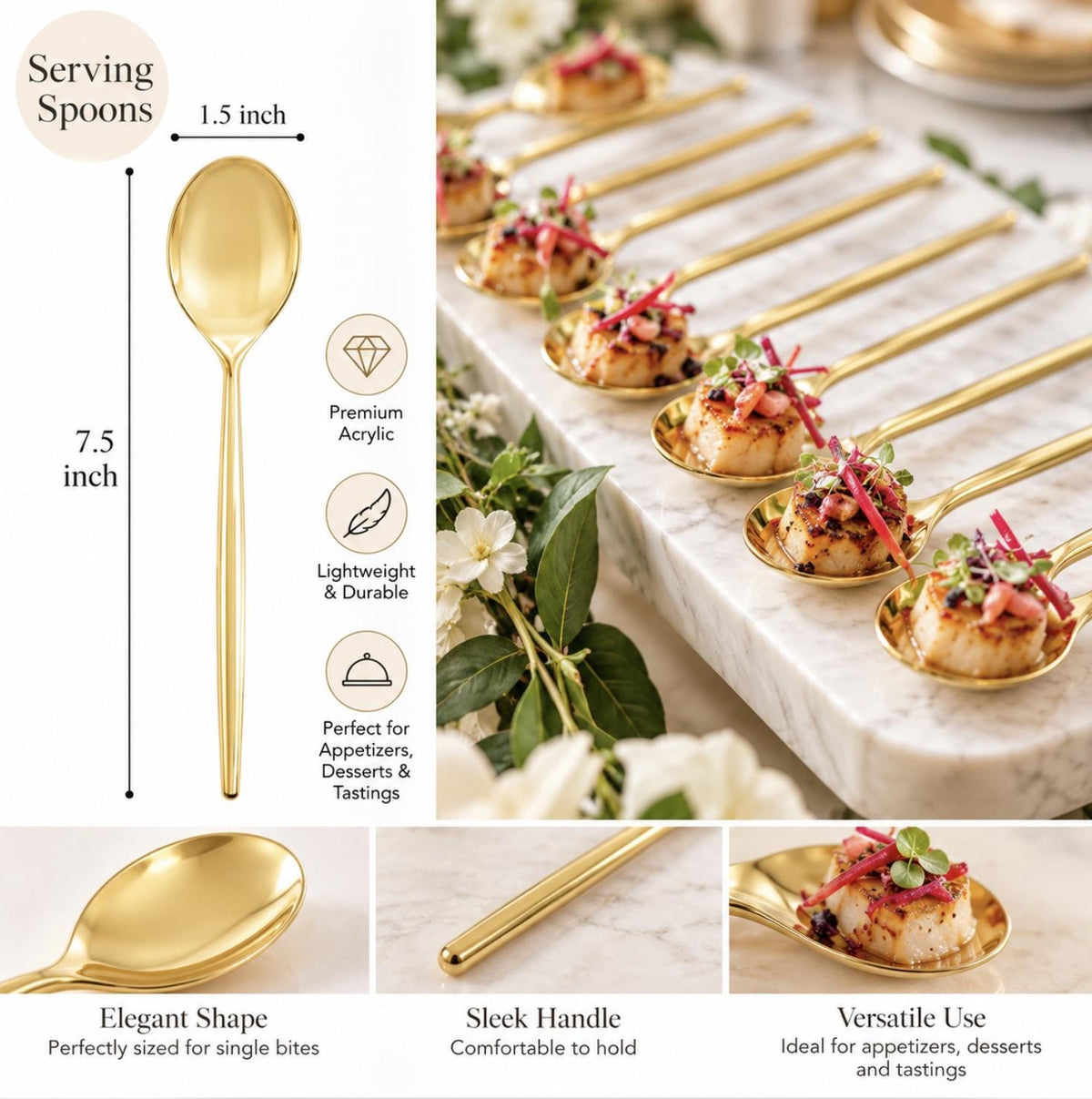 Gold Plastic Serving Spoons – Disposable Tasting Spoons for Dessert Tables & Charcuterie
