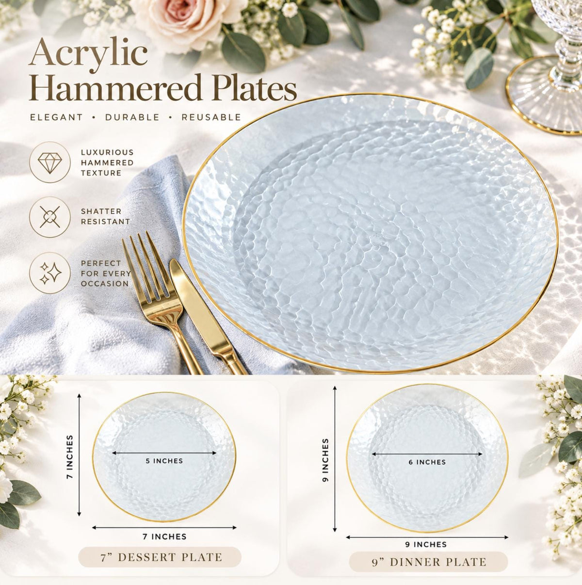 Ivory hammered plastic dinner plate with gold rim. High-quality disposable tableware for weddings & events.