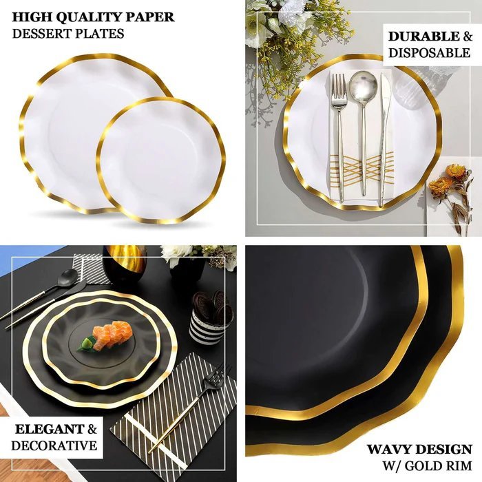 White plastic dessert/appetizer plate with gold rim. 7 inch disposable tableware for cake.