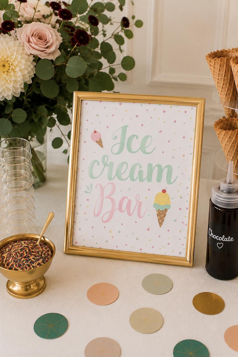 Ice cream bar party decor for baby showers, birthdays and celebrations with toppings, cones and serving supplies