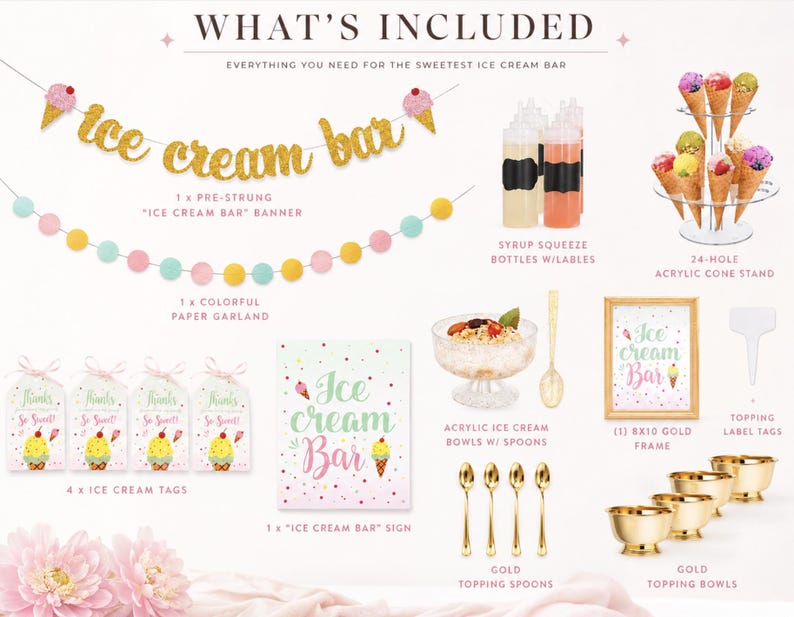 Ice cream bar kit for 24 guests with serving accessories, cone holder, topping dishes and party decorations