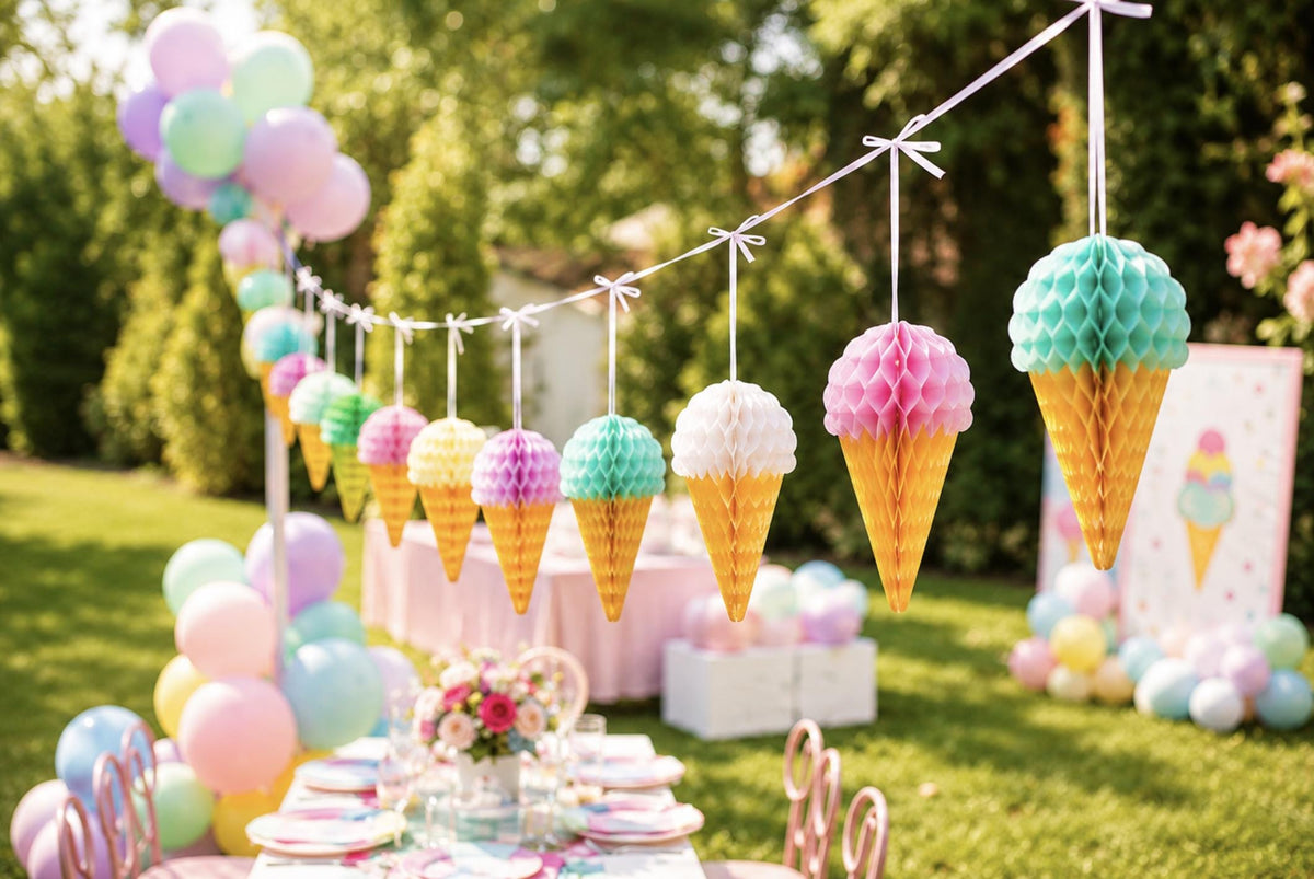Ice Cream Party Decor Kit – Pastel Balloon Garland & Ice Cream Cone Birthday Decorations