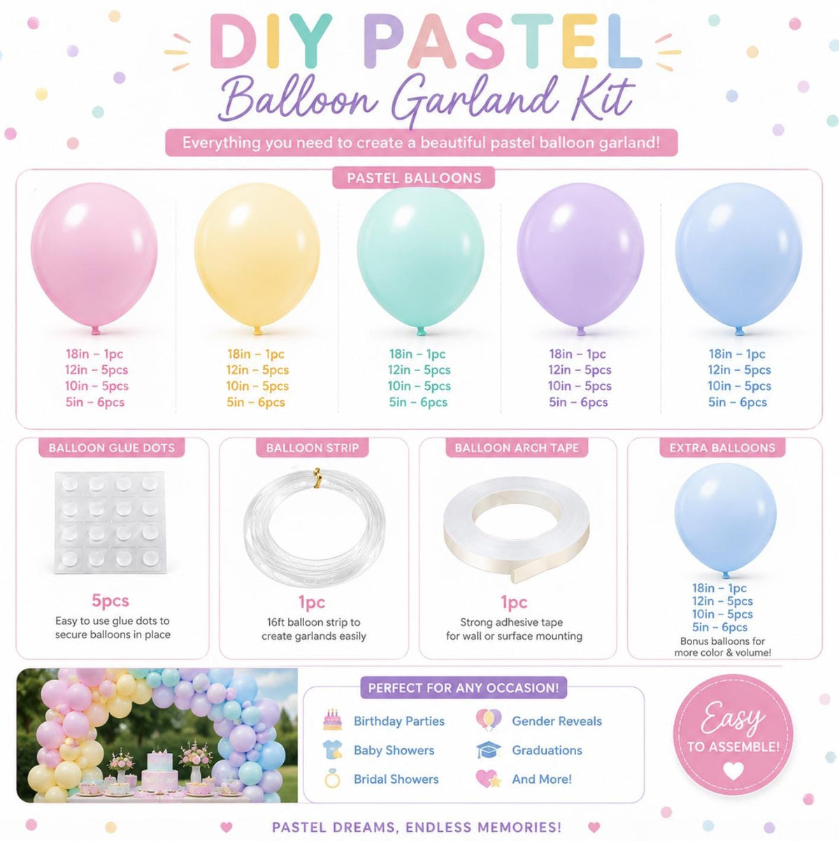 Ice Cream Party Decor Kit – Pastel Balloon Garland & Ice Cream Cone Birthday Decorations