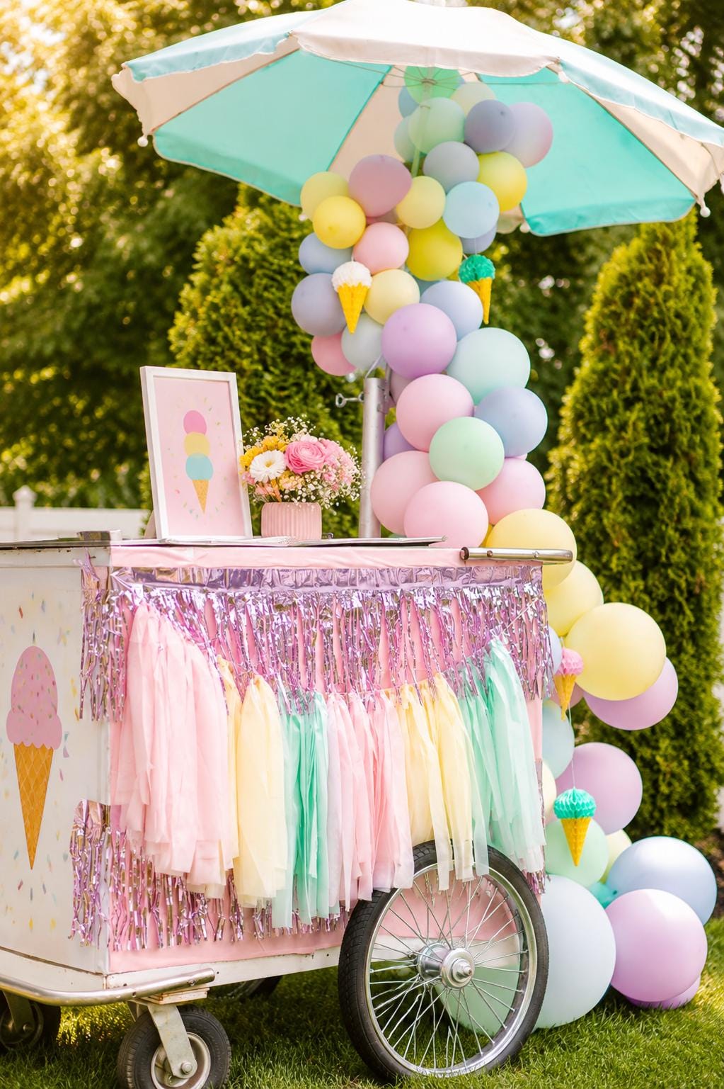 Ice Cream Party Decor Kit – Pastel Balloon Garland & Ice Cream Cone Birthday Decorations