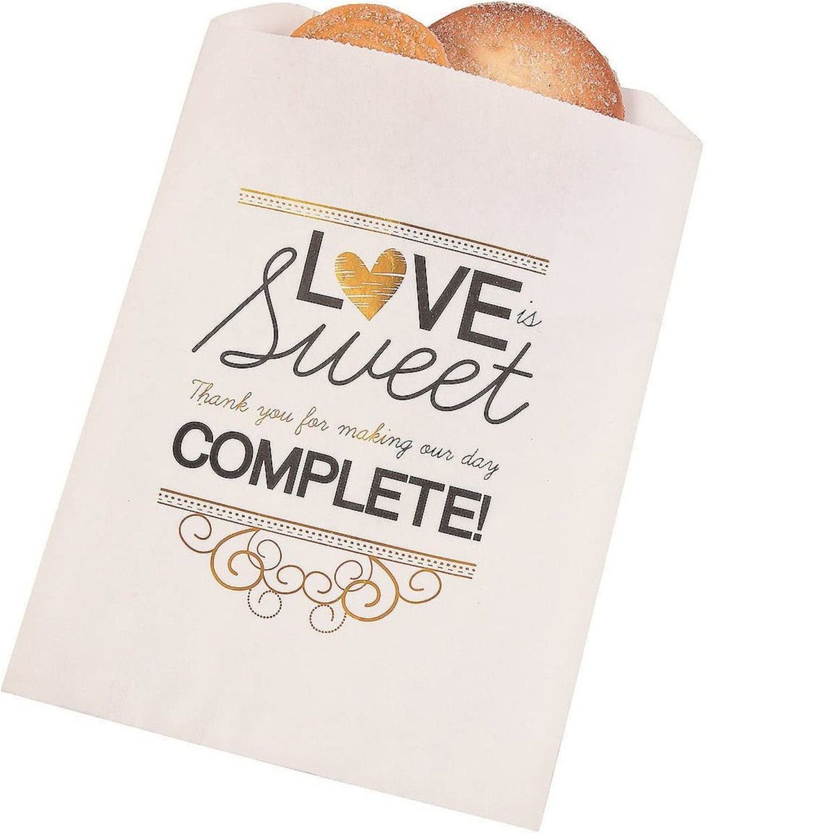 Stack of paper napkins and a "Love is Sweet" favor bag. Wedding dessert bar supplies for treats and favors.