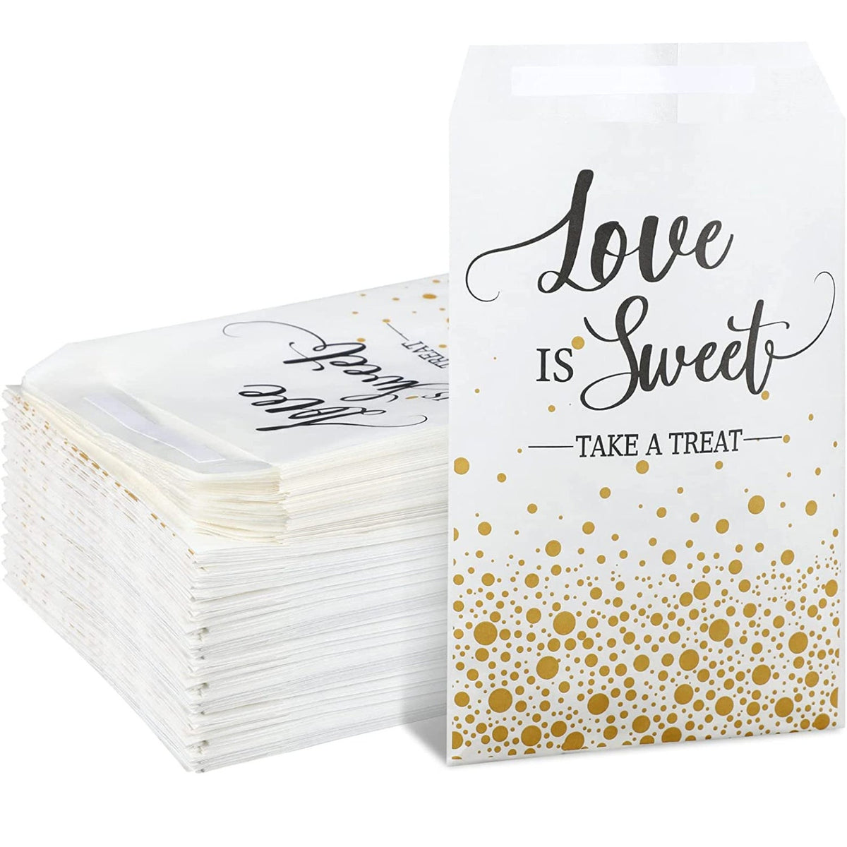 Four styles of Love is Sweet favor bags: Style A (black/white), Style B (pink wreath), Style C (gold dots), Style D gold foil