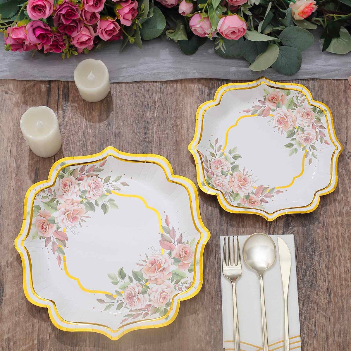 Scallop Rim Floral Party Plates – Elegant Gold Floral & Blue Chinoiserie Disposable Plates - 25 Set - Pretty Party Boxx