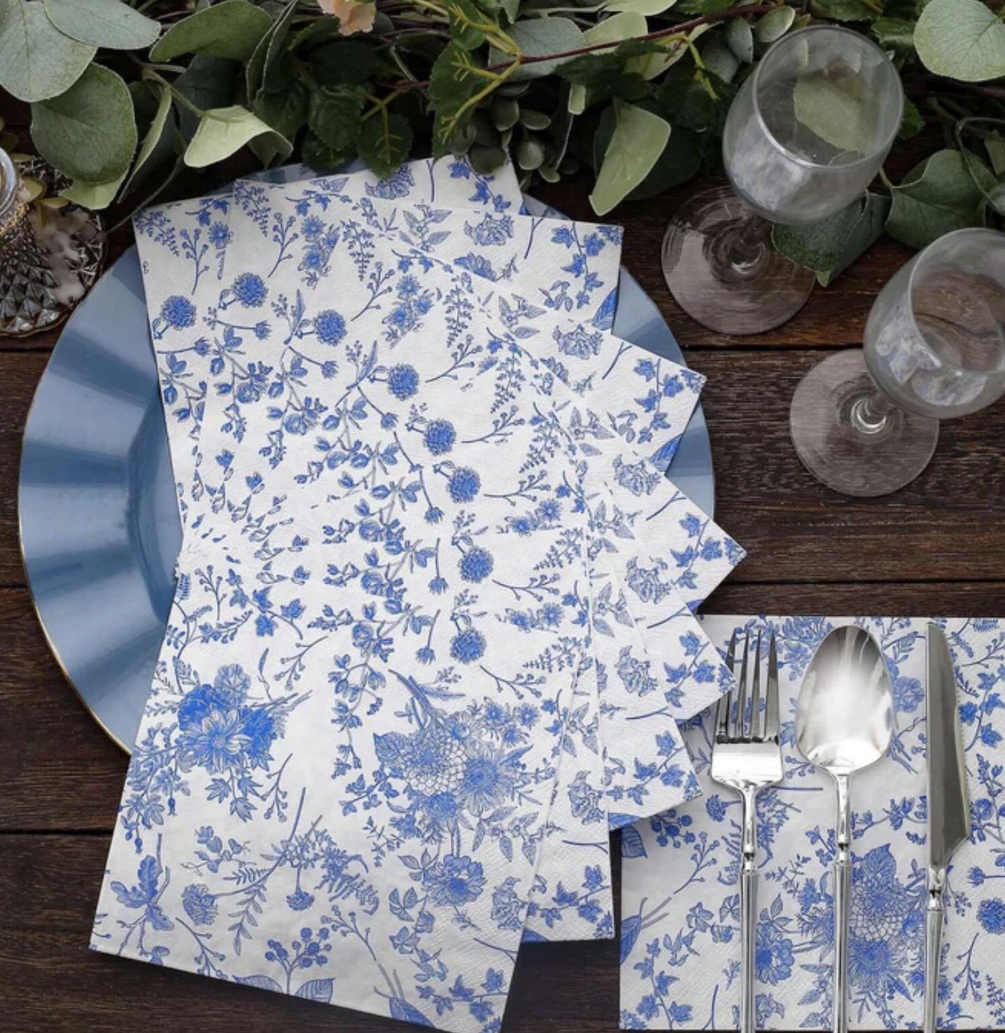 Blue Floral Toile Disposable Paper Dinner Napkins