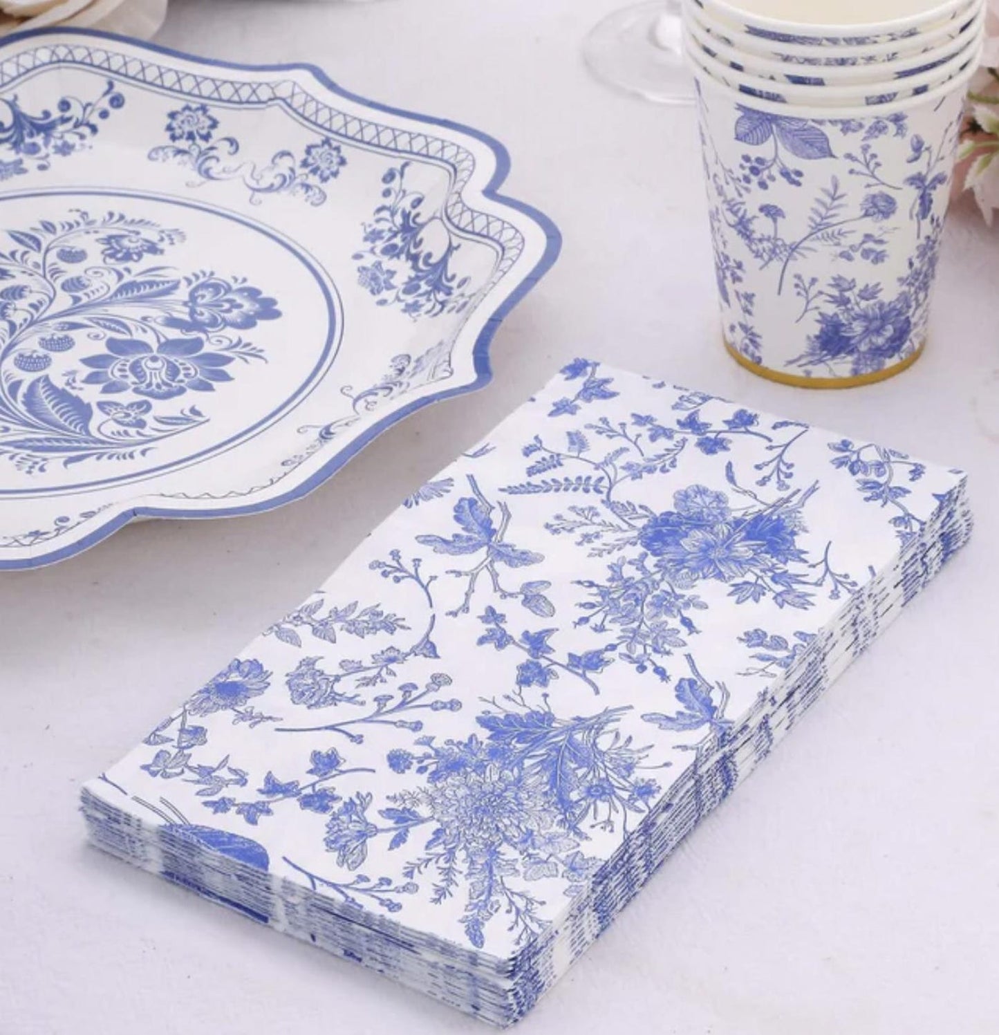 Blue Floral Toile Disposable Paper Dinner Napkins