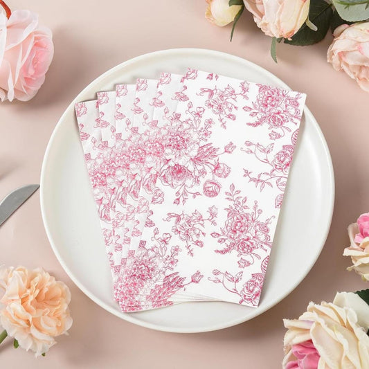 Set of 20 Pink Floral Toile Disposable Paper Napkins