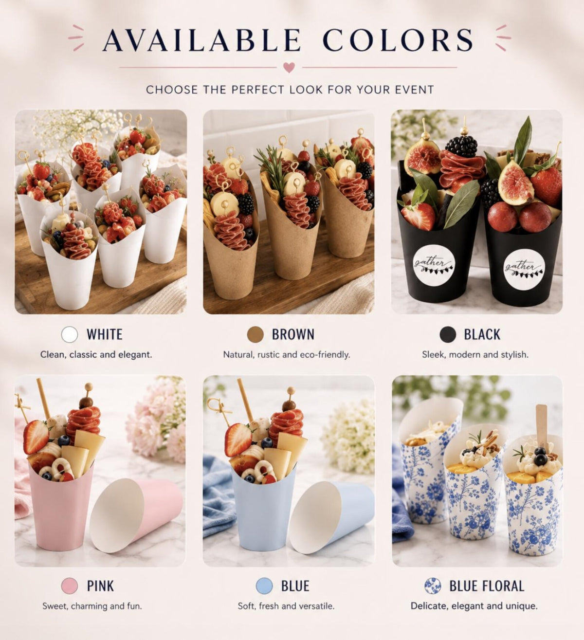 Disposable wooden charcuterie cups with various cheeses, meats, and crackers. Eco-friendly appetizer cones.