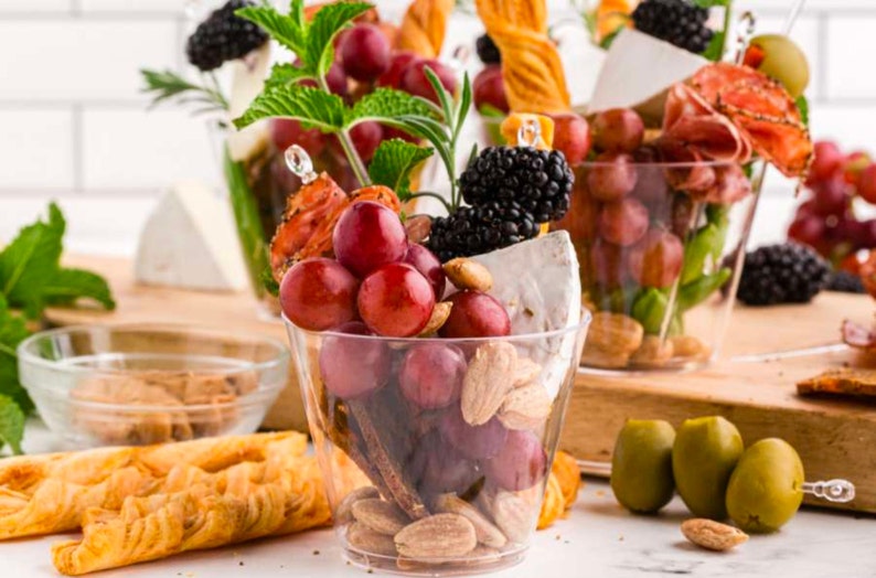 Clear Aesthetic Charcuterie Favor Cups and Toothpicks for Individual Charcuterie Board Display Appetizer Grazing Snack Cup Catered Event