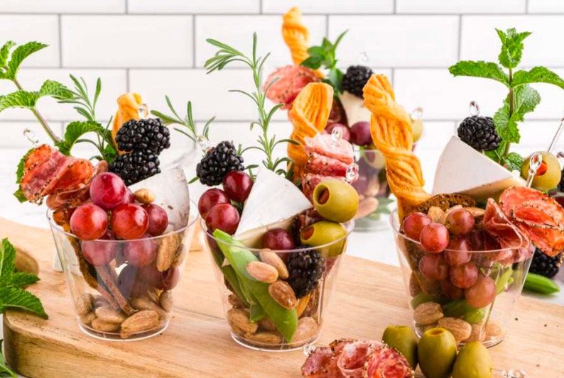 Clear Aesthetic Charcuterie Favor Cups and Toothpicks for Individual Charcuterie Board Display Appetizer Grazing Snack Cup Catered Event