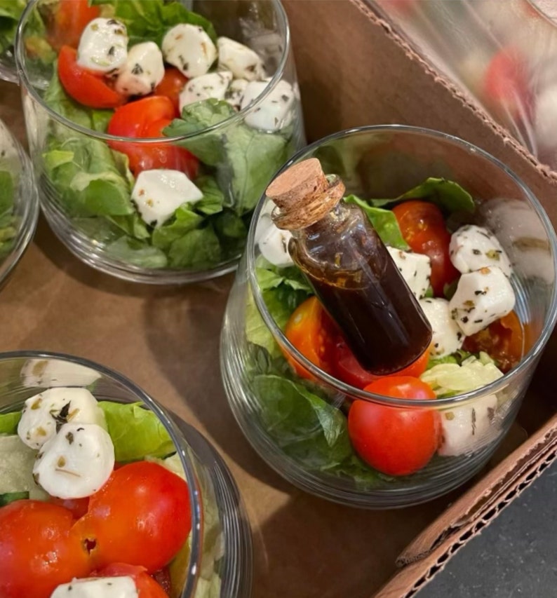 Acrylic Appetizer Cups w/Mini Cork Dressing Bottles & Forks Set