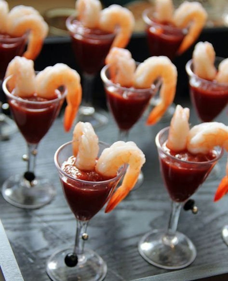 Clear Shrimp Cocktail Salad Charcuterie Mini Acrylic Martini Cups and Mini Forks for Appetizer Display Grazing Catered Event Display