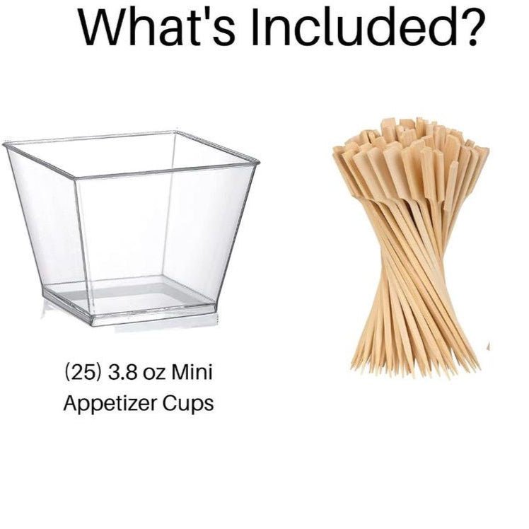 Acrylic Appetizer Cups with Wooden Skewers – Set of 25 Disposable Serving Cups for Grazing Tables, Weddings & Events - Pretty Party Boxx