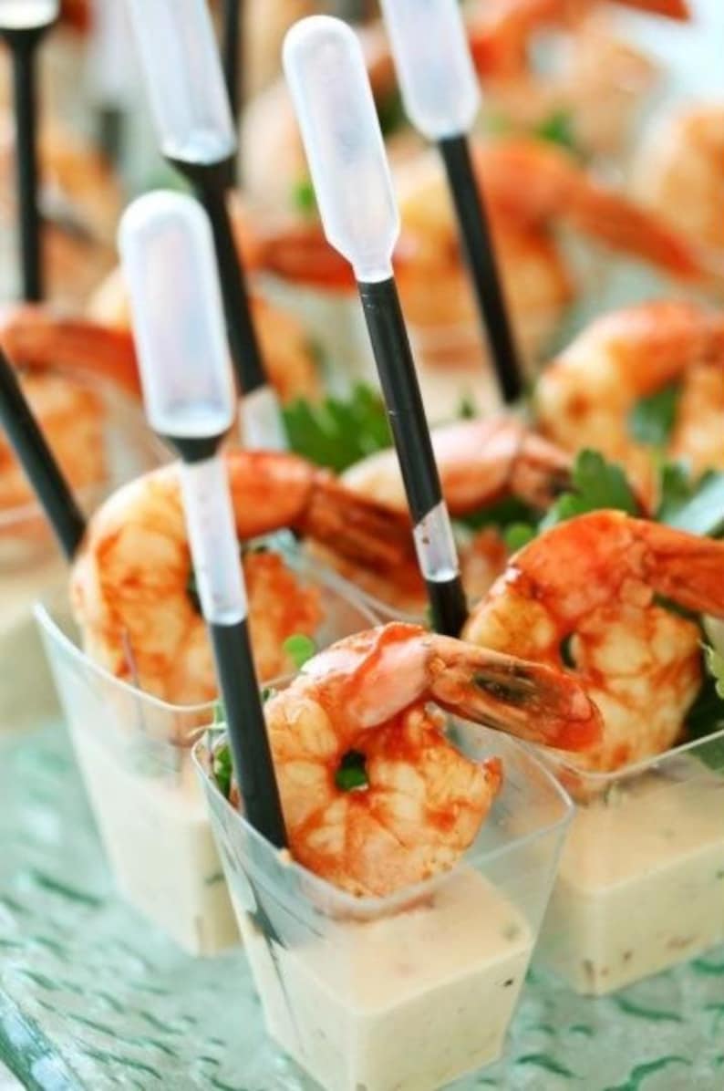 Appetizer Cups Dressing Pipettes Mini Forks Set for Shrimp Cocktail Food Display Buffet Catered Event Wedding Brunch Grazing Station