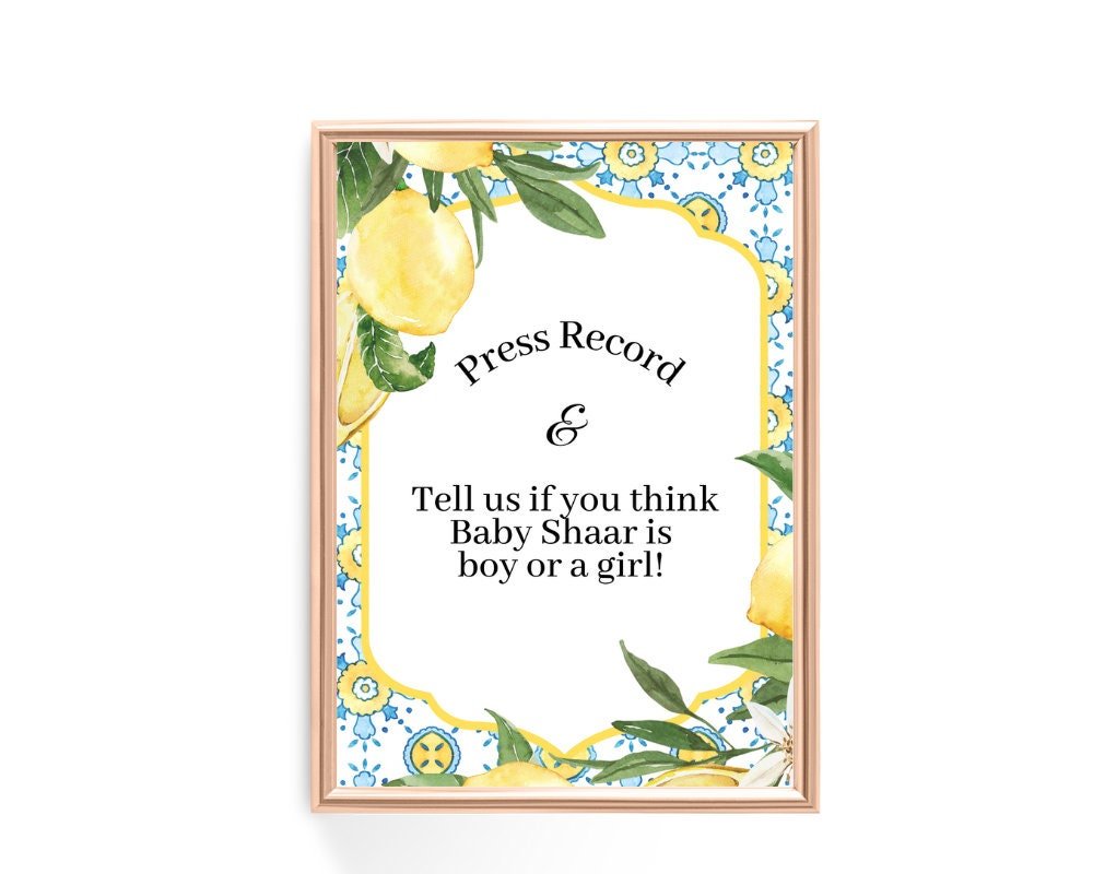 Lemon Italian Themed Press Record Guessing Sign – Editable Baby Shower & Bridal Shower Printable (Instant Download) - Pretty Party Boxx