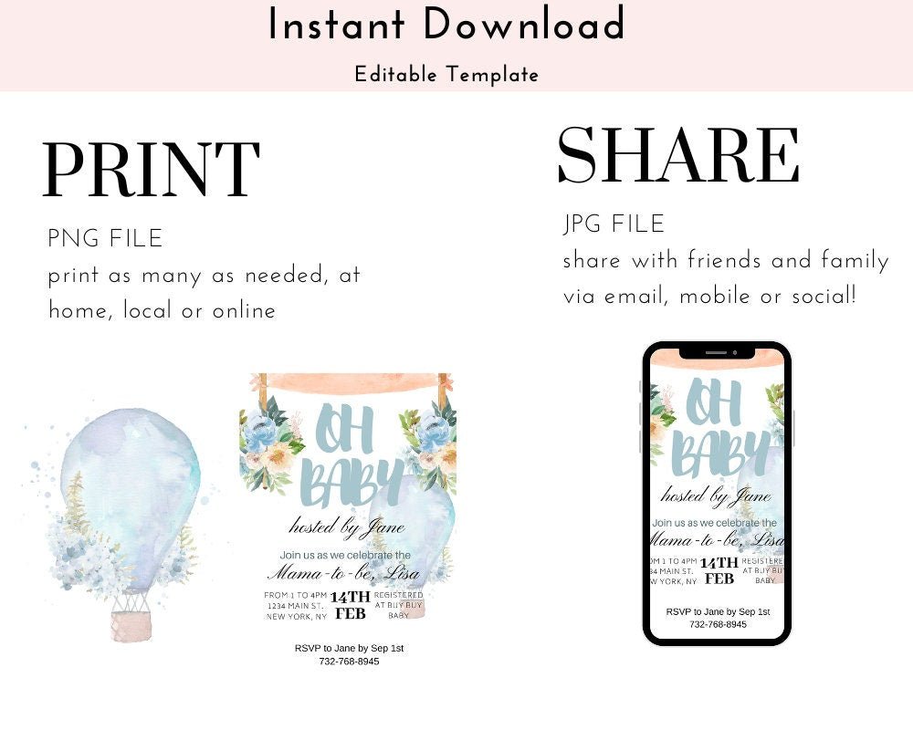 Floral Hot Air Balloon Baby Shower Invitation – Editable Canva Template (Instant Download) - Pretty Party Boxx