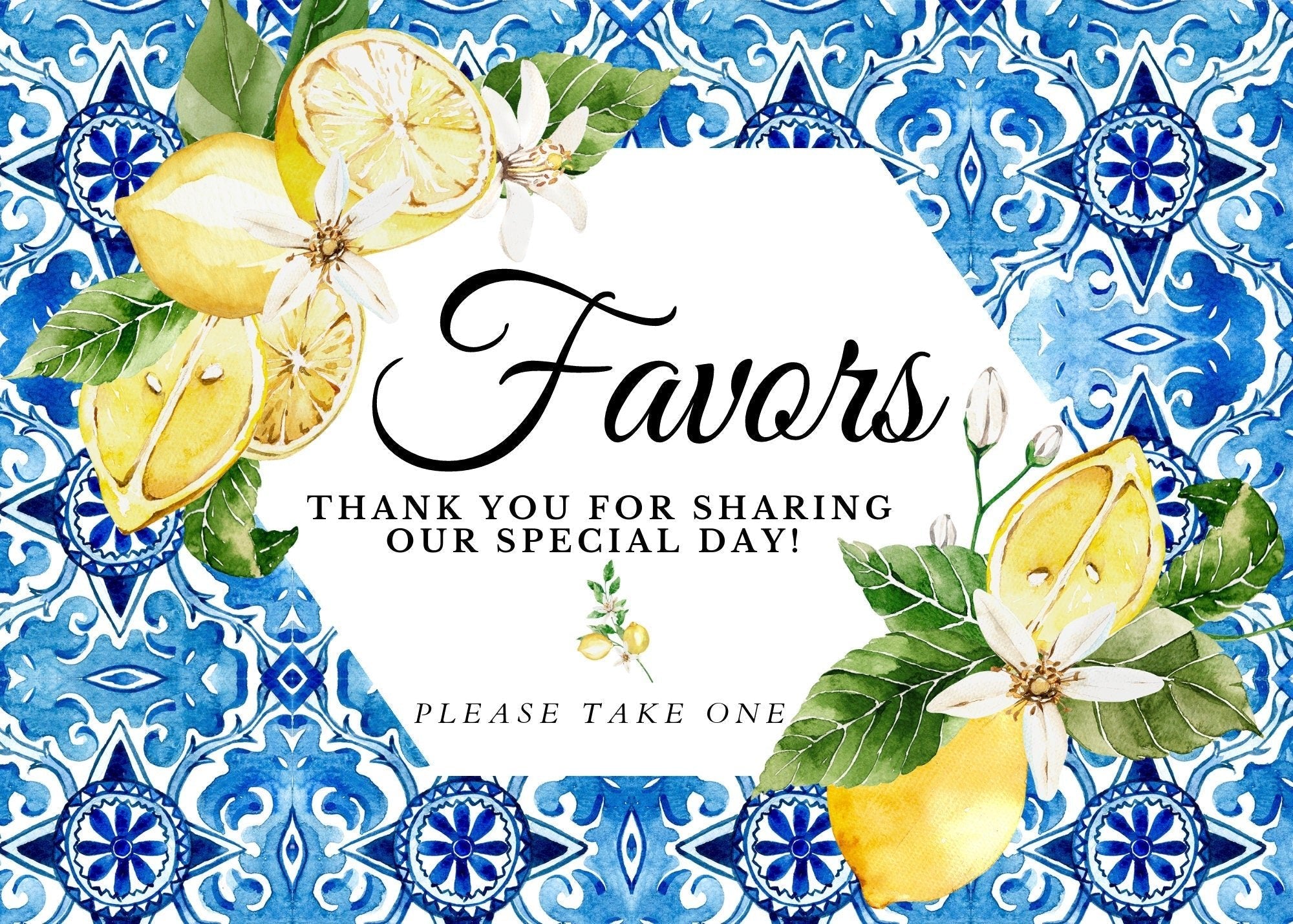 Editable Lemon Italian Themed Favor Sign – Baby Shower & Bridal Shower Yellow Blue Tile Print | Instant Download Canva Template - Pretty Party Boxx