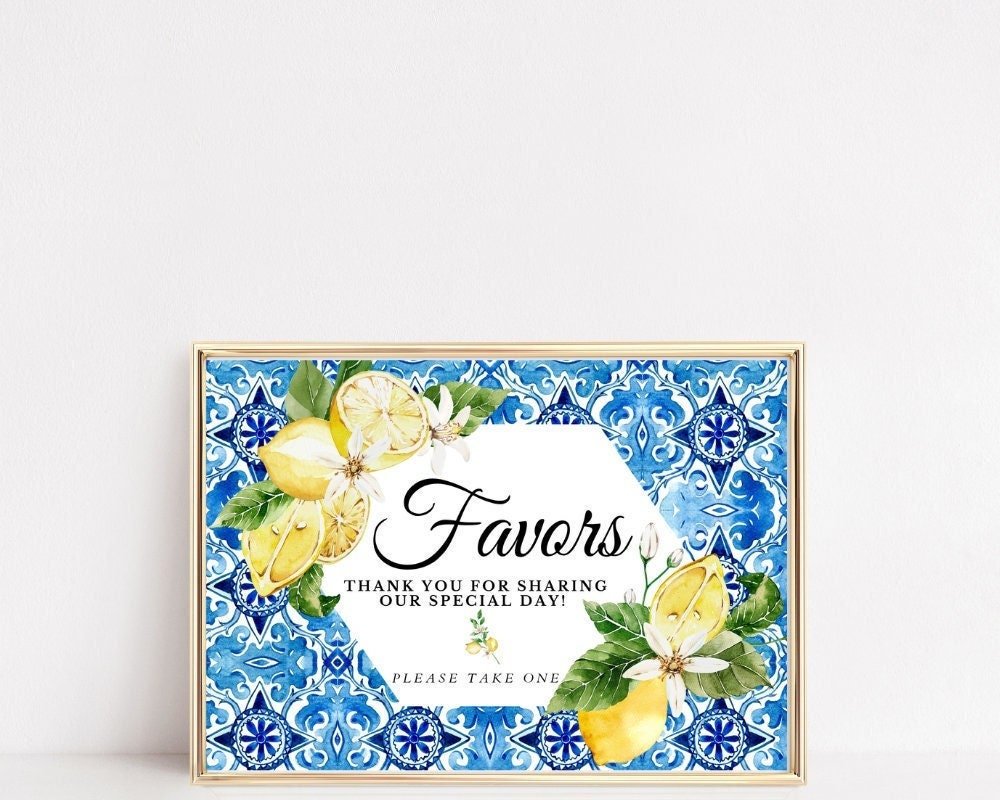 Editable Lemon Italian Themed Favor Sign – Baby Shower & Bridal Shower Yellow Blue Tile Print | Instant Download Canva Template - Pretty Party Boxx
