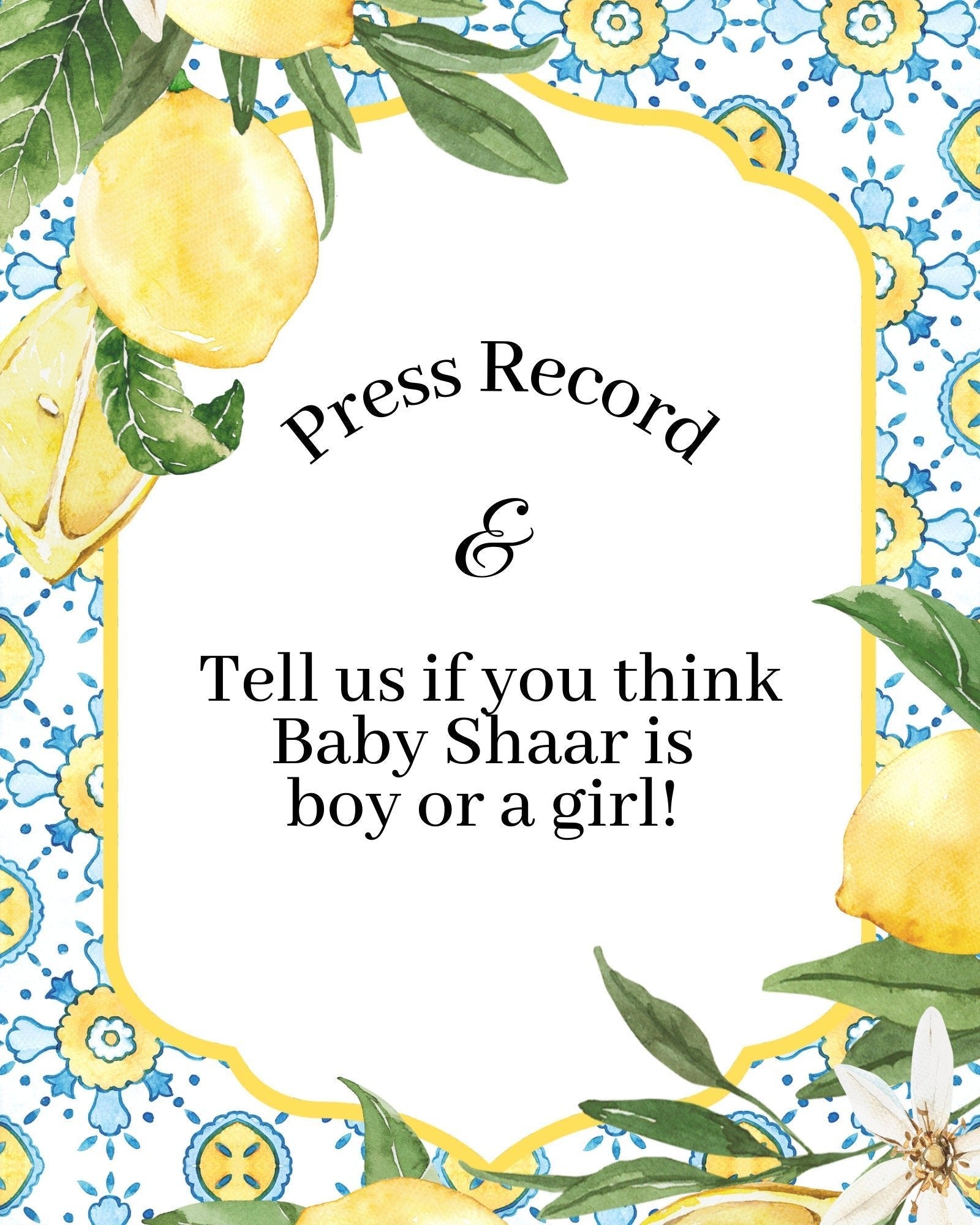 Lemon Italian Themed Press Record Guessing Sign – Editable Baby Shower & Bridal Shower Printable (Instant Download) - Pretty Party Boxx