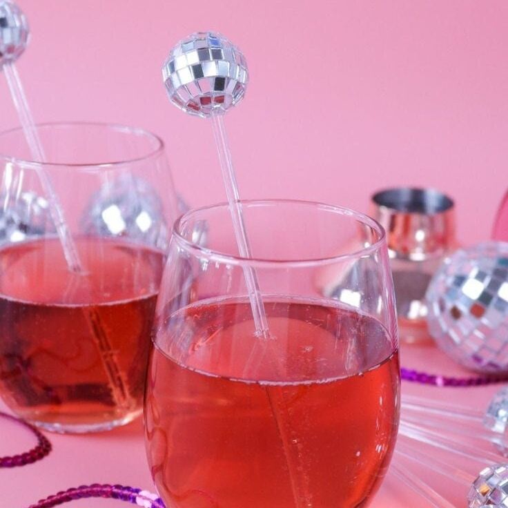 Set of 10 Disco Ball Drink Stirrers – Reusable Silver or Pink Drink Swizzle Sticks for Disco, Bachelorette & Party Cocktails - Pretty Party Boxx