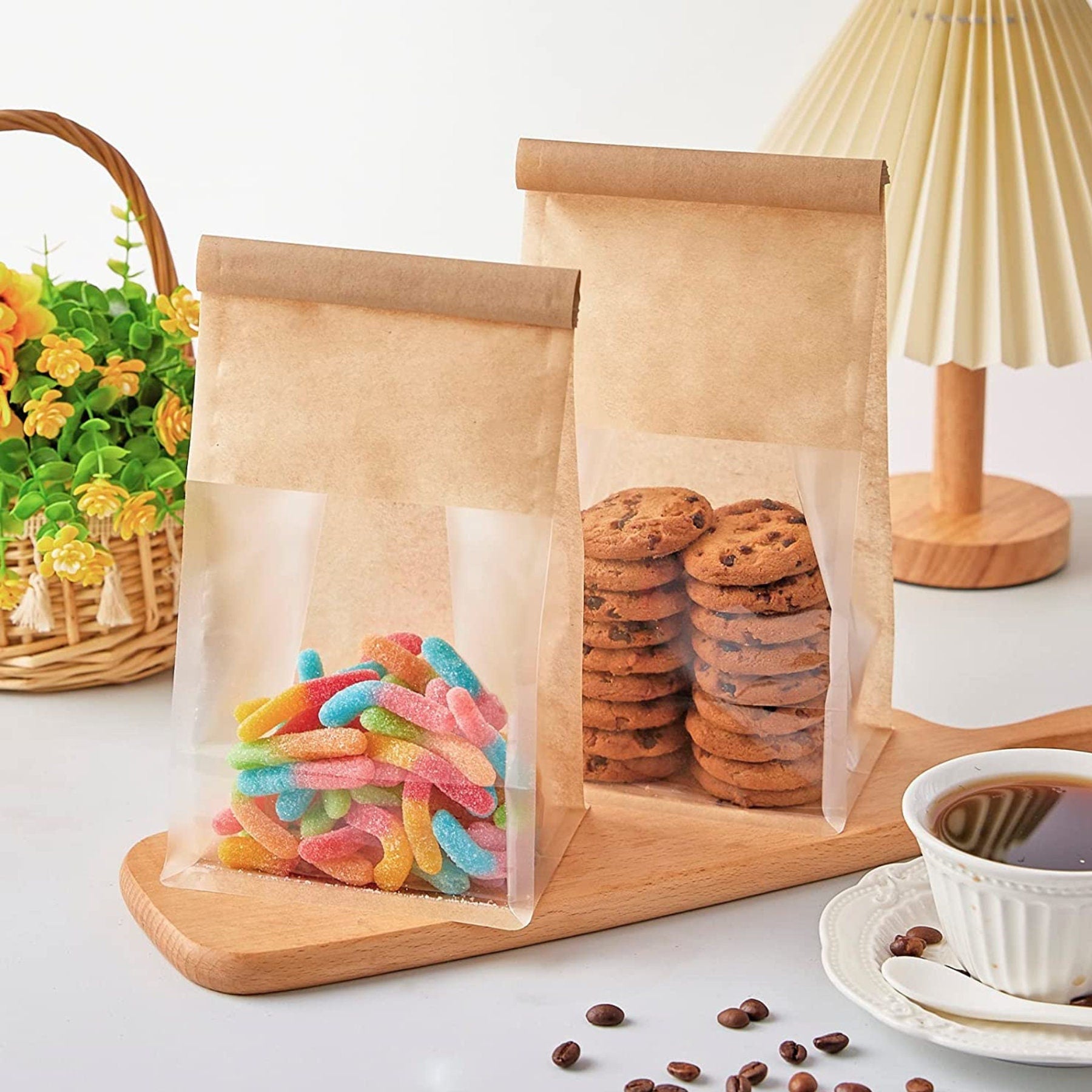 Kraft Paper Treat Bags with Transparent Window – Grease - Proof Bakery Favor Bags for Weddings, Parties & Dessert Displays - Pretty Party Boxx