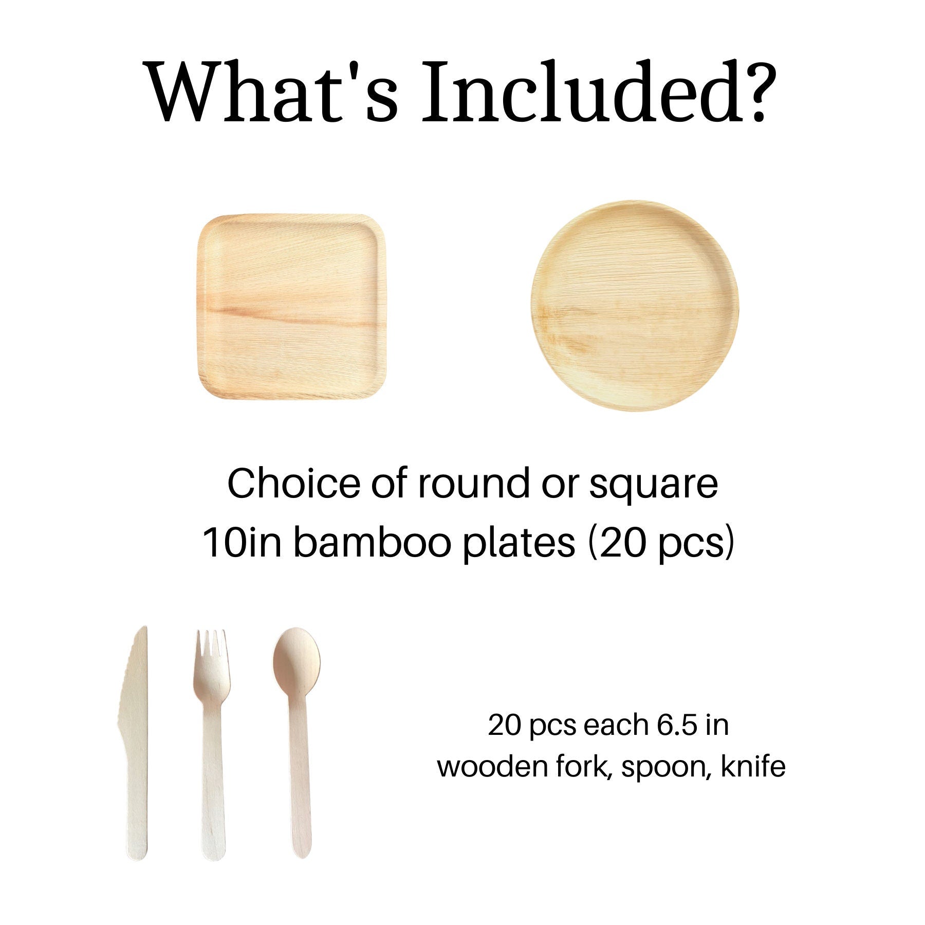Set of 20 Charcuterie Bamboo Plates with Wooden Utensils – 10 - Inch Eco - Friendly Disposable Serving Plates for Weddings & Events - Pretty Party Boxx