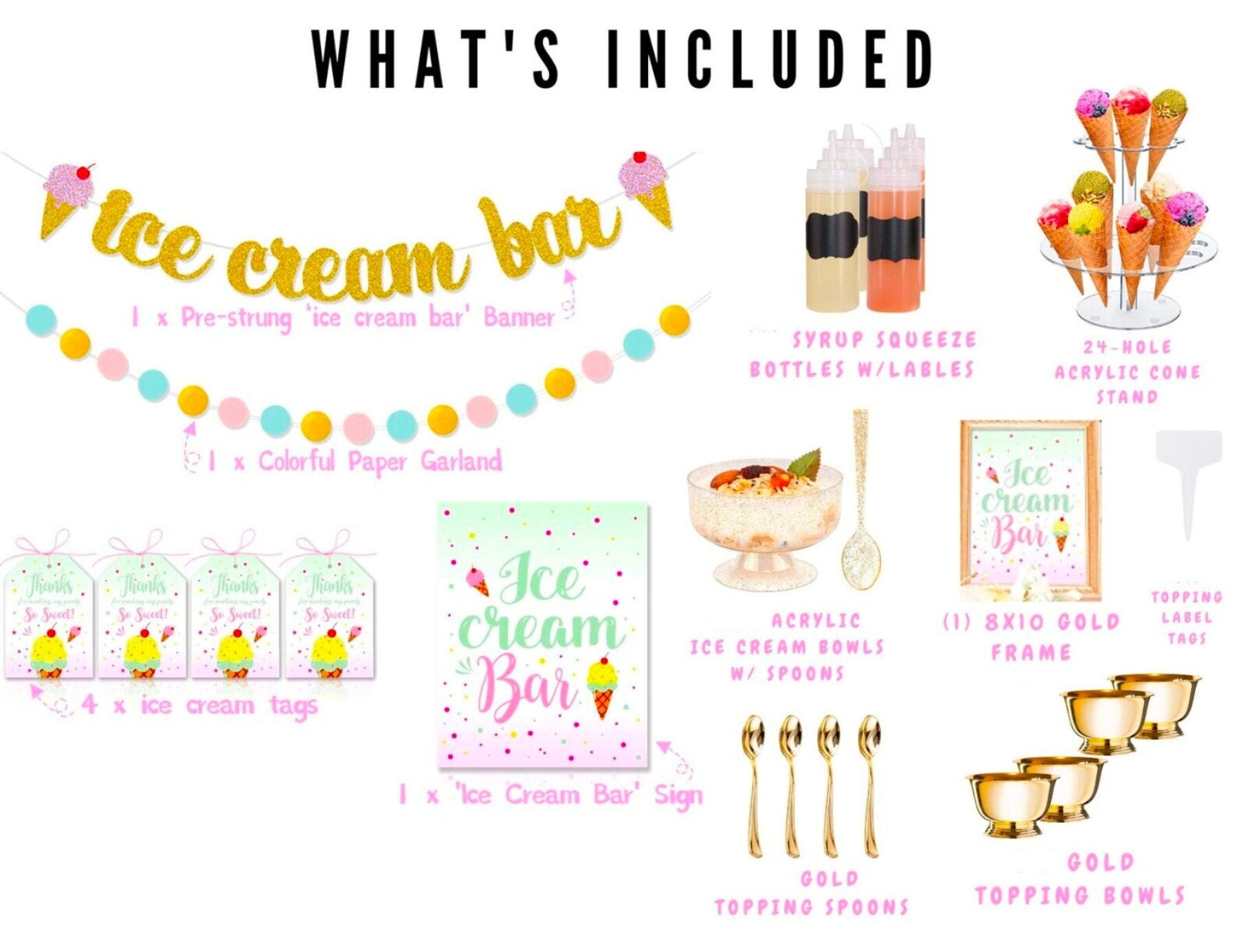 DIY Ice Cream Bar Decor Kit – Full Party Table Setup for 24 Guests with Bowls, Signage & Accessories for Weddings, Showers & Birthdays - Pretty Party Boxx