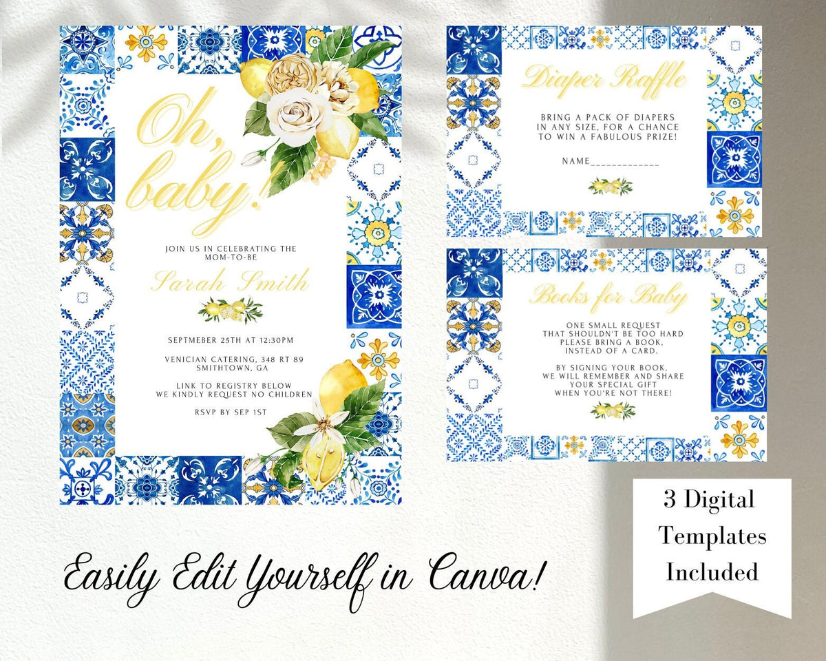 Lemon Baby Shower Invitation & Books for Baby Insert – Italian Blue Tile Printable Template