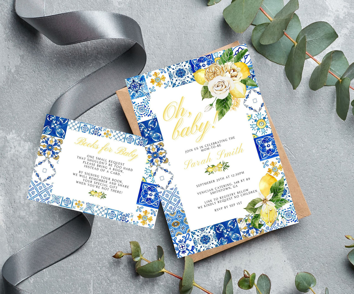 Lemon Baby Shower Invitation & Books for Baby Insert – Italian Blue Tile Printable Template